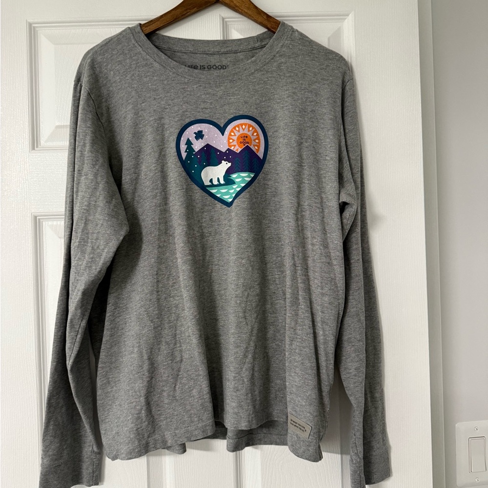 Life Is Good Gray Long Sleeve Tee with Mountain Graphic